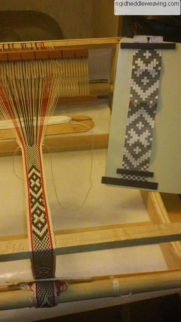 Inkle weaving with pick up using a rigid heddle.